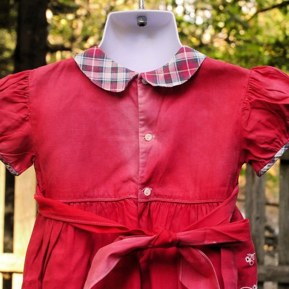 VTG 60's Girls Red Cotton & Plaid School Dress Size 12/18M Eyelet Floral Design - Picture 9 of 10